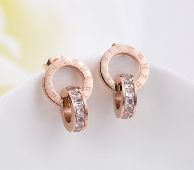 New Earrings Rose Gold Titanium Steel Earrings Women Double Ring Popular Earrings