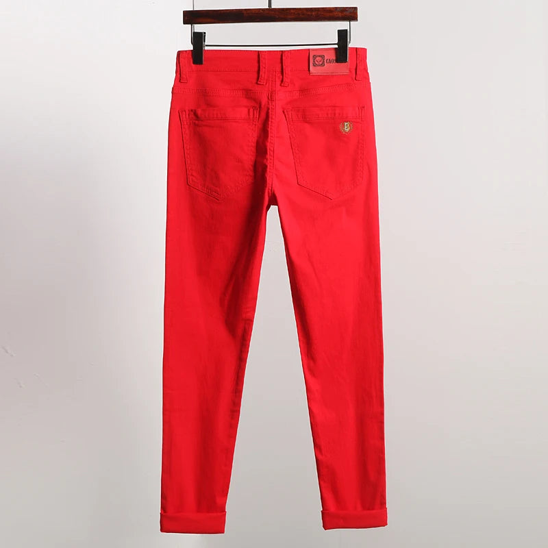 Fashion Straight Stretch Denim Pants Solid New Men's Slim Jeans Solid Yellow Red Green Blue Business Casual Classic Trousers