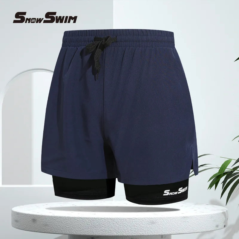 Men's Double-layer Swim Trunks Flat Angle Adult Quick-drying Anti-embarrassment Swim Trunks Beach Pants Spa Swimming Kit