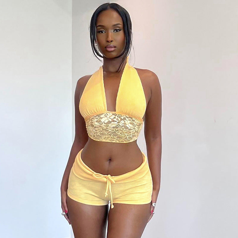 Lace Stitching Halter Top Drawstring Shorts Two-piece Set