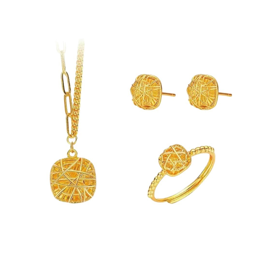 Sugar Cube Filigree Hollow Out Necklace Earrings And Ring Set Asymmetric Design