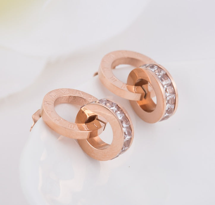 New Earrings Rose Gold Titanium Steel Earrings Women Double Ring Popular Earrings