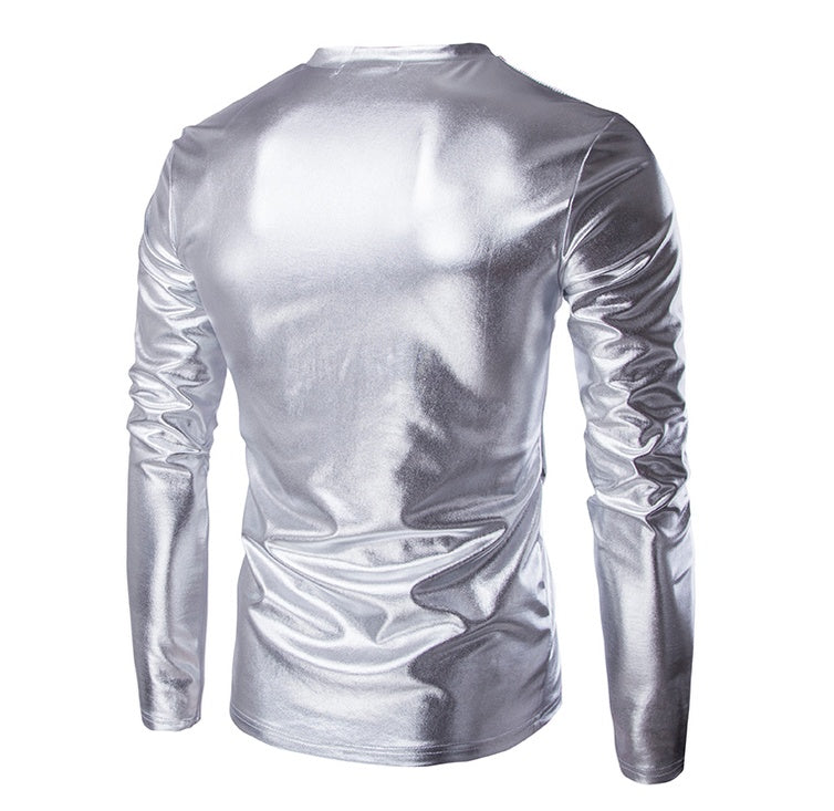 Night Club Trend Metallic Gold Tops Men Veste Homme Fashion V Neck Long Sleeve Lightweight Tees Baseball Bomber 115
