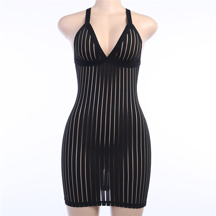 Sexy Black Striped Mesh See-through Mini Dress Women