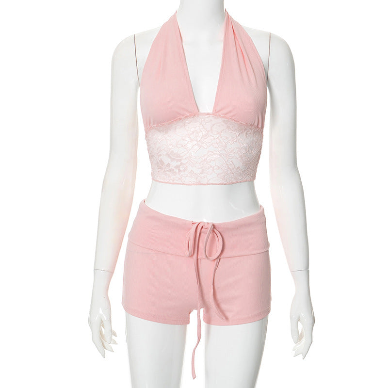 Lace Stitching Halter Top Drawstring Shorts Two-piece Set