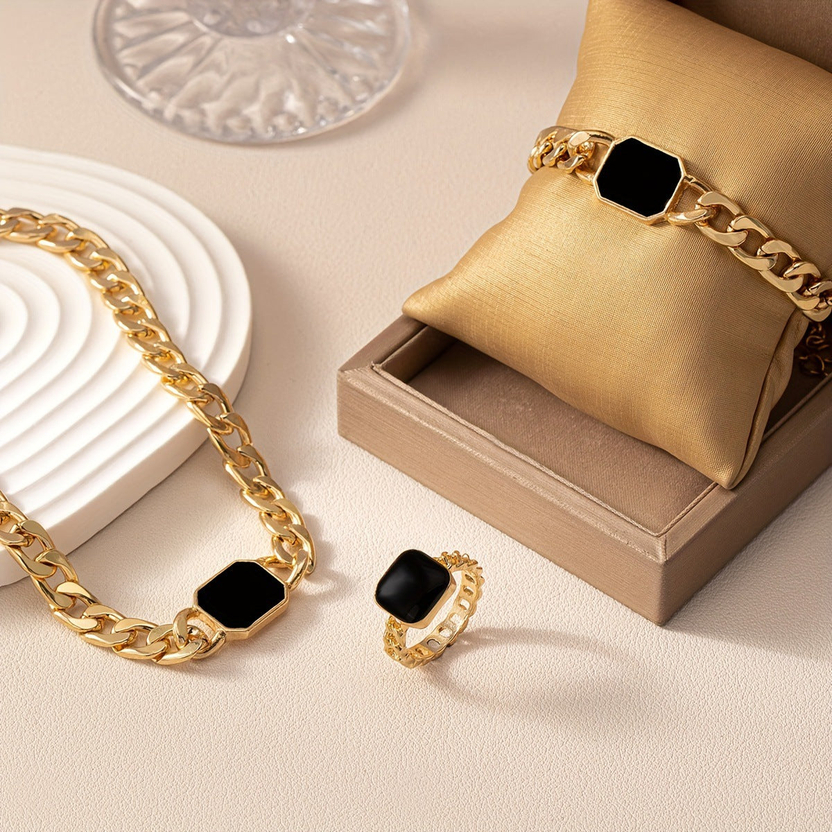 Geometric Square Chain Necklace Bracelet Ring Jewelry Set
