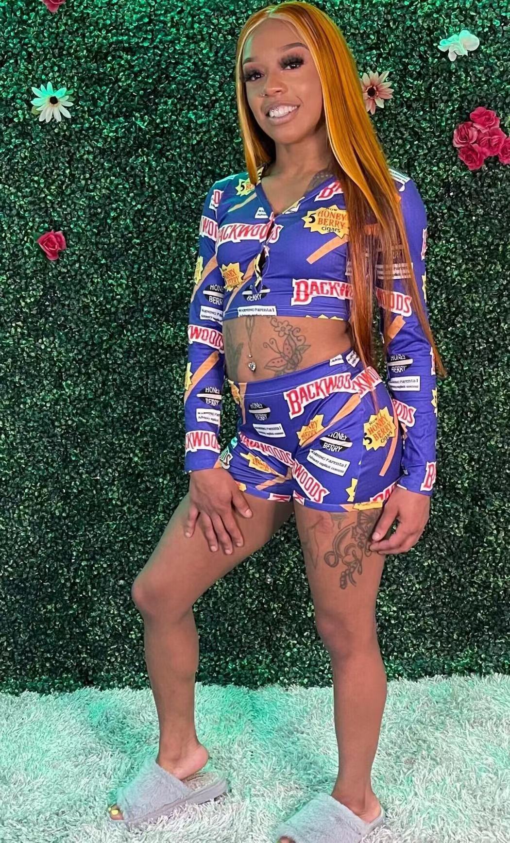 Women's Printed Long Sleeve Shorts Set