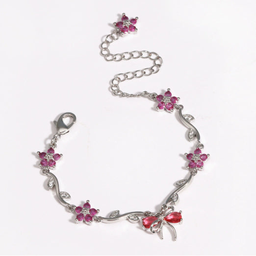 Copper Bracelet With Zirconia-Inlaid Heart-Shaped Flower And Butterfly Design