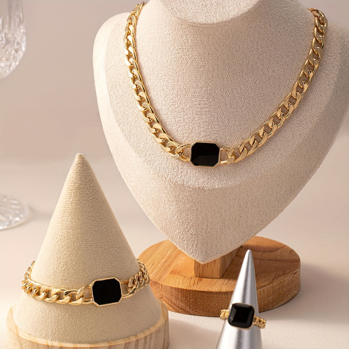 Geometric Square Chain Necklace Bracelet Ring Jewelry Set