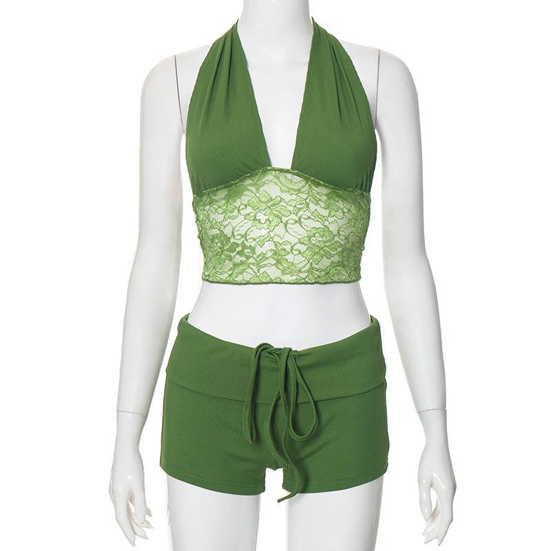 Lace Stitching Halter Top Drawstring Shorts Two-piece Set