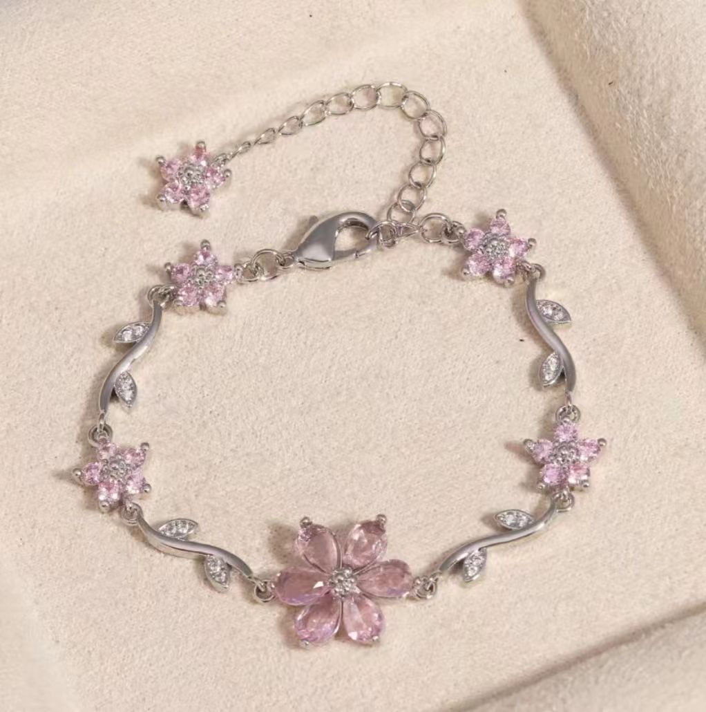 Copper Bracelet With Zirconia-Inlaid Heart-Shaped Flower And Butterfly Design