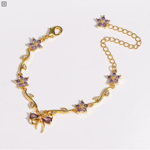 Copper Bracelet With Zirconia-Inlaid Heart-Shaped Flower And Butterfly Design