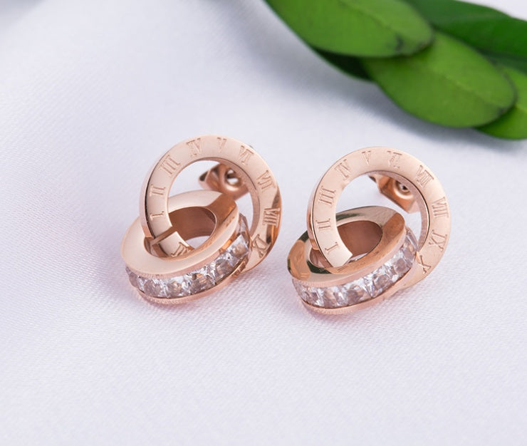 New Earrings Rose Gold Titanium Steel Earrings Women Double Ring Popular Earrings