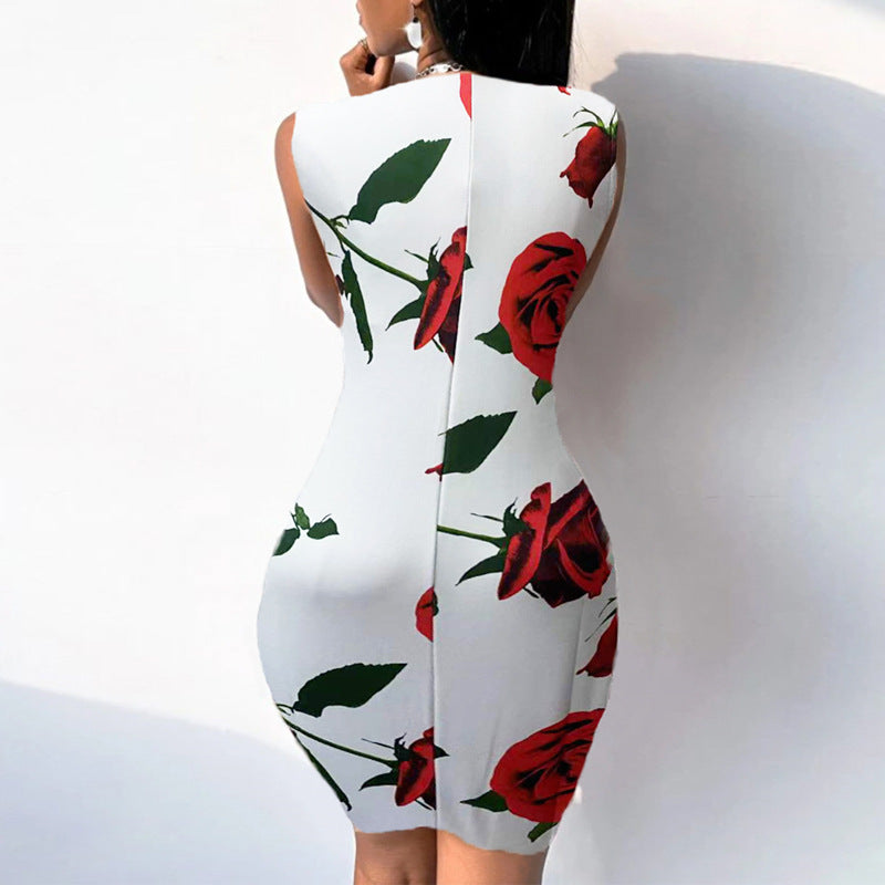 Slim Rose Print Dress For Women