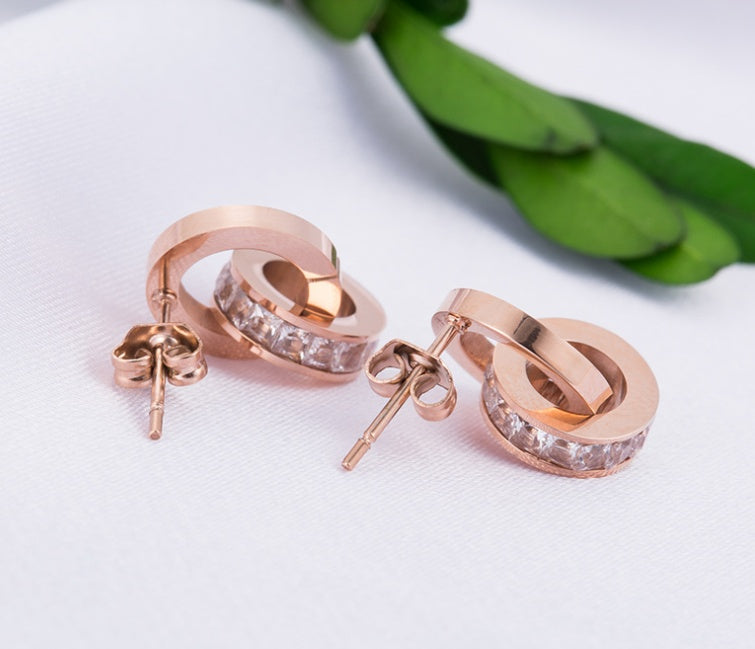 New Earrings Rose Gold Titanium Steel Earrings Women Double Ring Popular Earrings