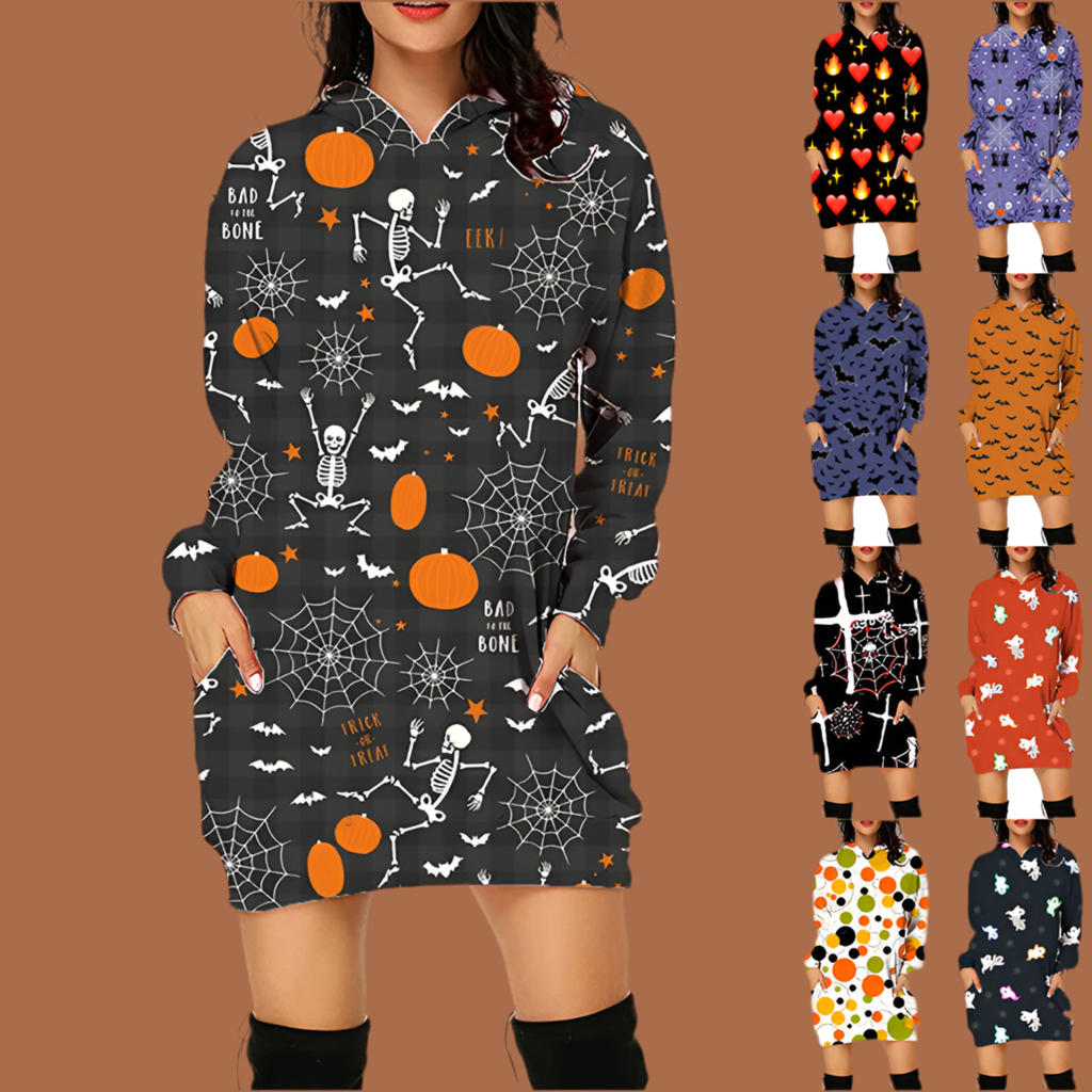 Halloween Print Long Hoodie With Pockets Sweater Long Sleeve Clothes Women