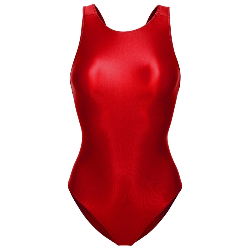 Sexy Glitter Shiny women one-piece crotchless see through swimsuit Oily Tight Backless plus size bathing suits High-Cut Bodysuit