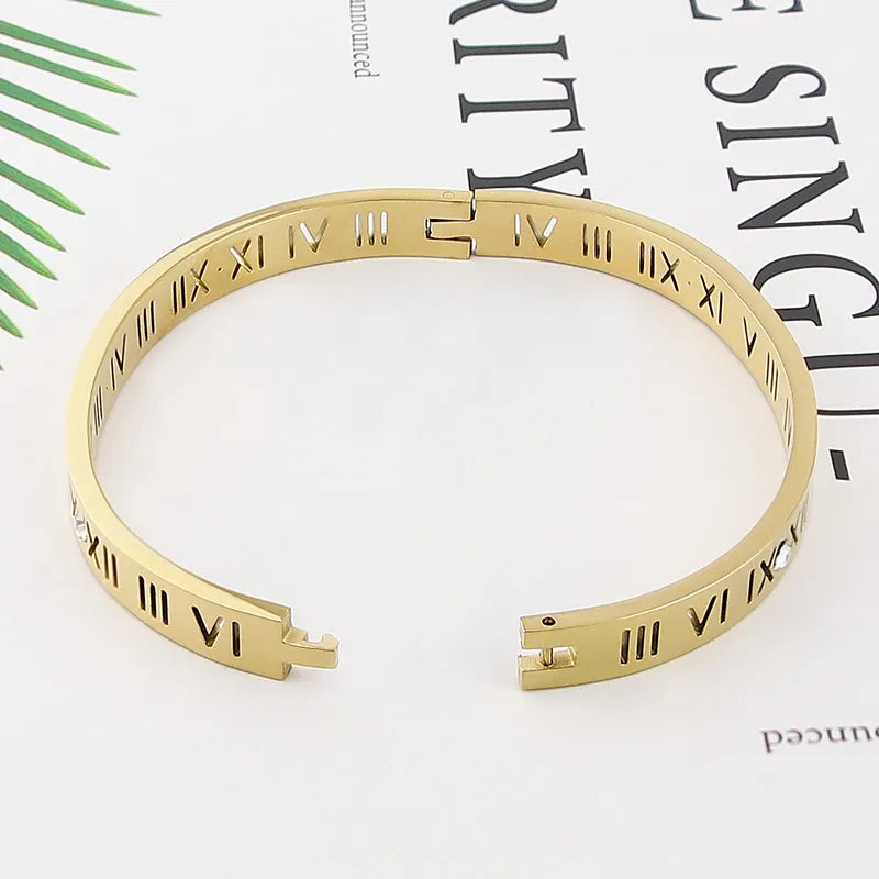 Titanium Steel Bangles Crystal Gold Bangles Roman Numerals Women's Bracelet