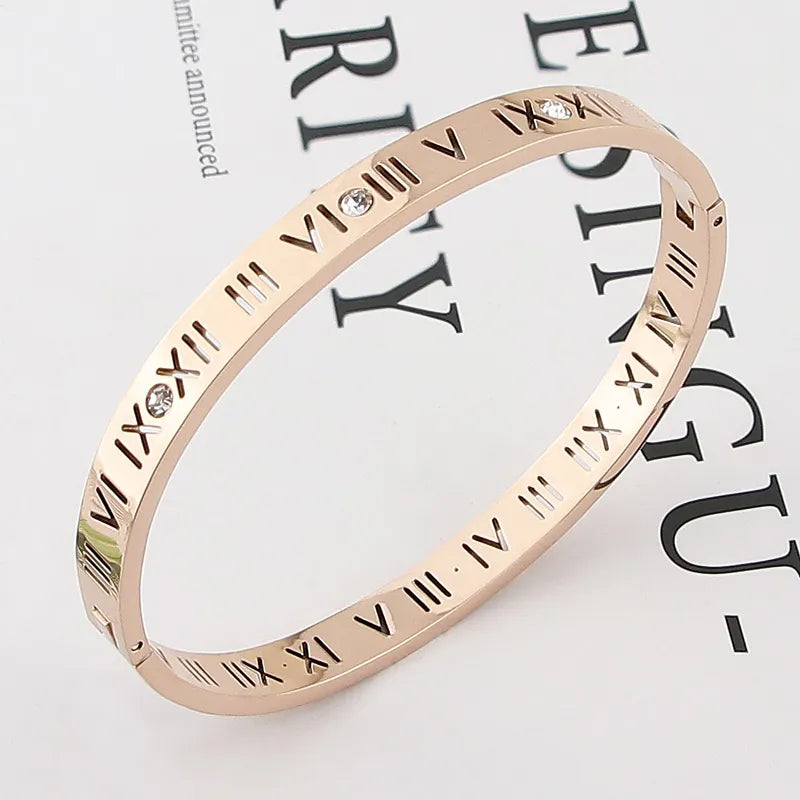 Titanium Steel Bangles Crystal Gold Bangles Roman Numerals Women's Bracelet
