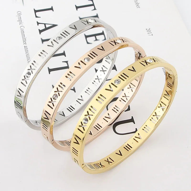 Titanium Steel Bangles Crystal Gold Bangles Roman Numerals Women's Bracelet