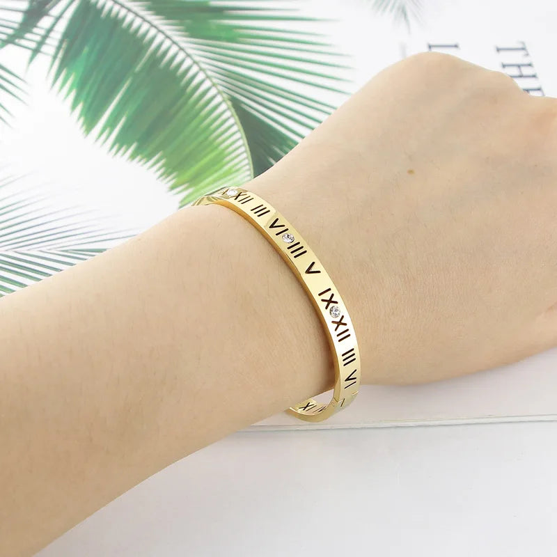 Titanium Steel Bangles Crystal Gold Bangles Roman Numerals Women's Bracelet