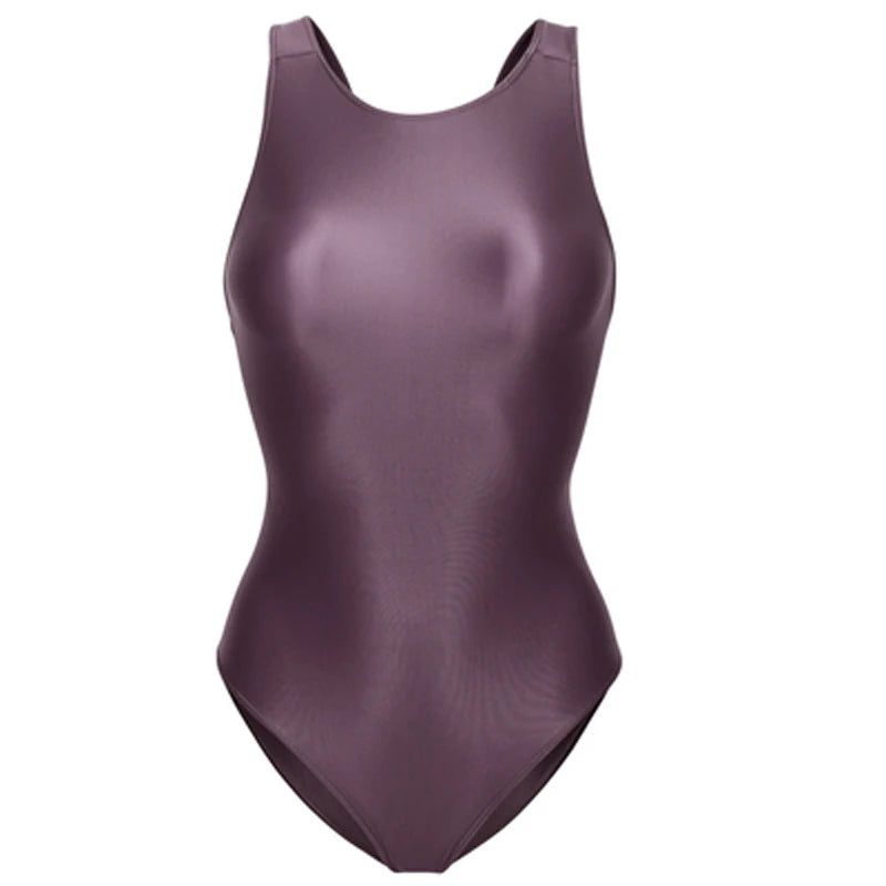 Sexy Glitter Shiny women one-piece crotchless see through swimsuit Oily Tight Backless plus size bathing suits High-Cut Bodysuit