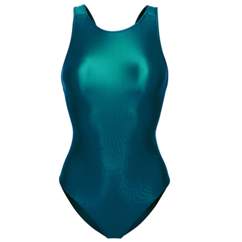 Sexy Glitter Shiny women one-piece crotchless see through swimsuit Oily Tight Backless plus size bathing suits High-Cut Bodysuit