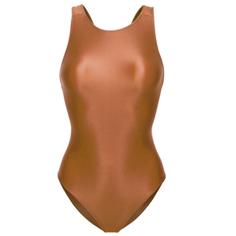 Sexy Glitter Shiny women one-piece crotchless see through swimsuit Oily Tight Backless plus size bathing suits High-Cut Bodysuit