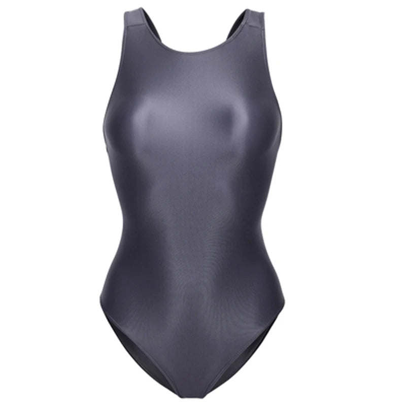 Sexy Glitter Shiny women one-piece crotchless see through swimsuit Oily Tight Backless plus size bathing suits High-Cut Bodysuit