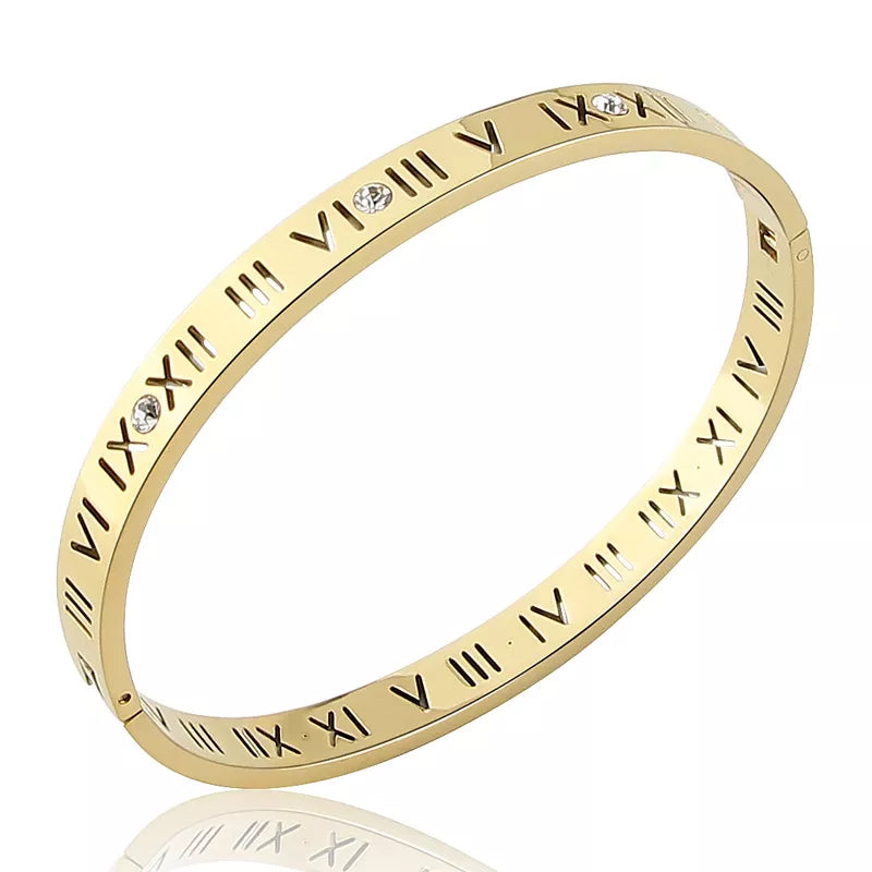 Titanium Steel Bangles Crystal Gold Bangles Roman Numerals Women's Bracelet