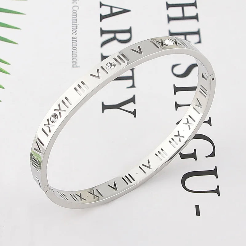 Titanium Steel Bangles Crystal Gold Bangles Roman Numerals Women's Bracelet