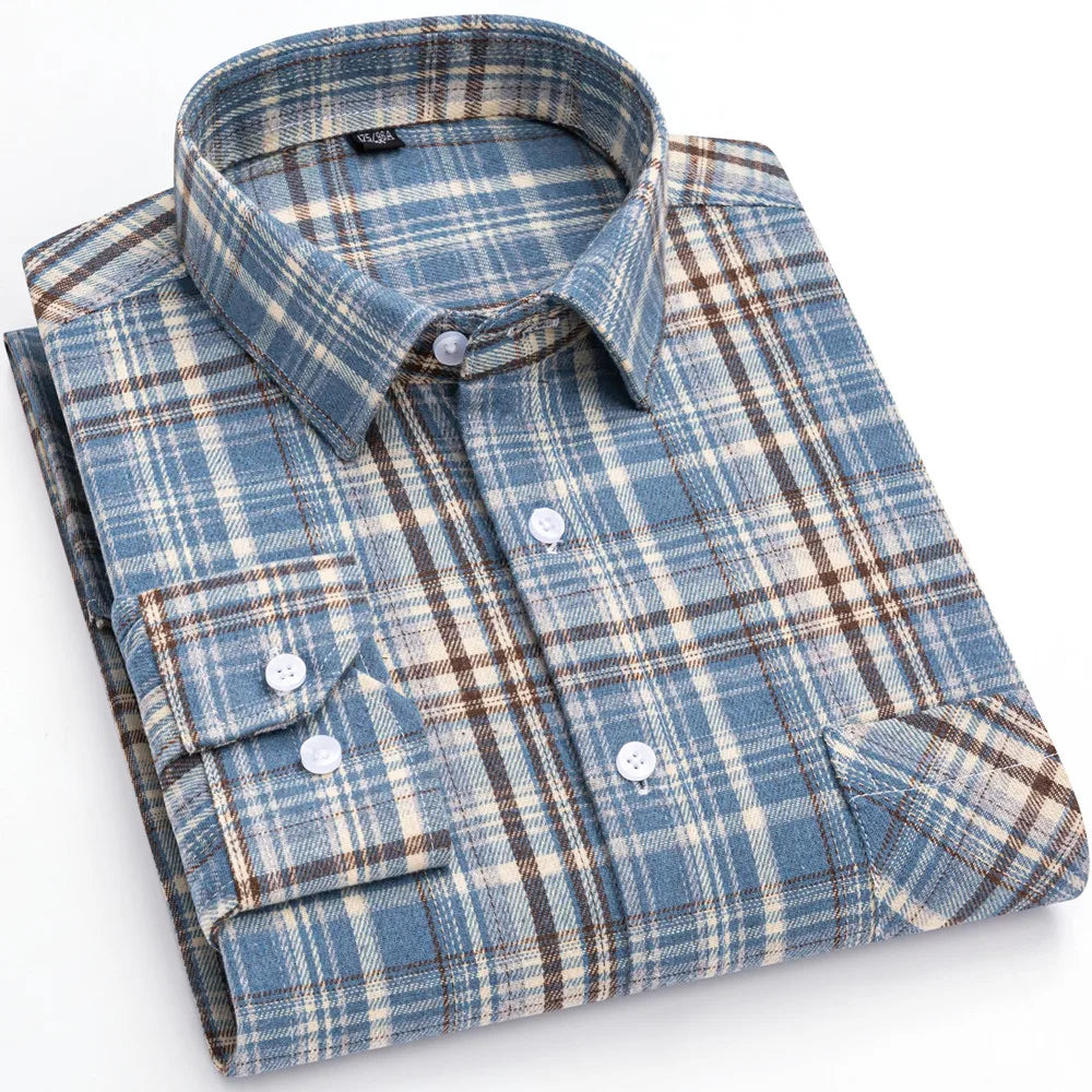 Plaid Shirt 2025 Spring Autumn Fashion 100% Cotton Long Sleeve Flannel Red Checkered Leisure Soft Regular Fit Brushed Male Blous