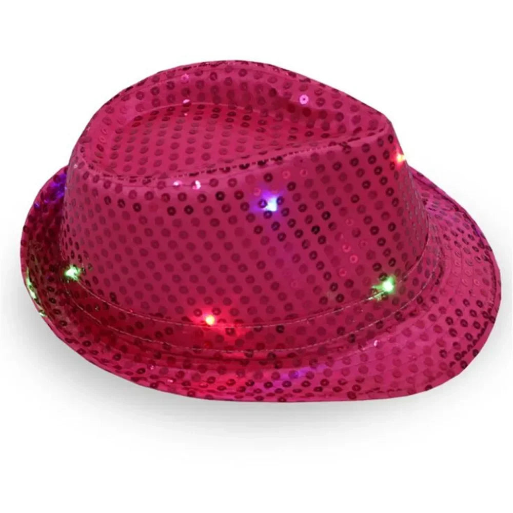 Woman Men Kids LED Light Up Sequin Fedora Jazz Hat Cap Gift Necktie Tie Neon Glow Party Bar Birthday Costume  Wedding Festival