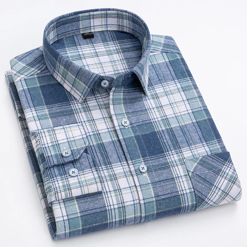 Plaid Shirt 2025 Spring Autumn Fashion 100% Cotton Long Sleeve Flannel Red Checkered Leisure Soft Regular Fit Brushed Male Blous