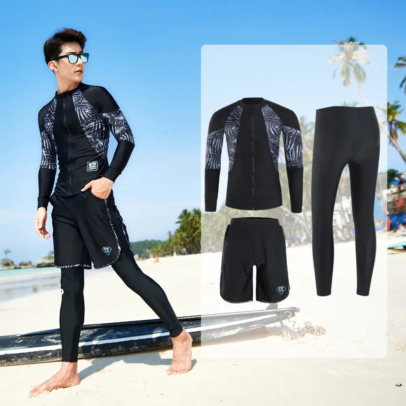 Men Rash Guard Diving Suits  Surfing  Swimwear Long Sleeve Suit Swim Shirt+Trunks+Shorts UV Swimming RashGuard Prevent Jellyfish