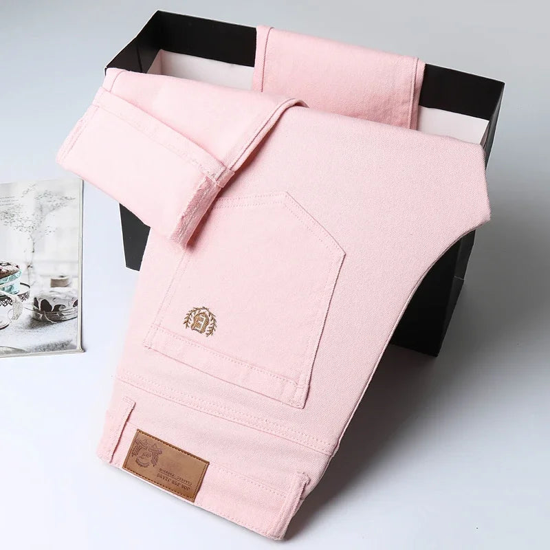 Men's Straight Pink Jeans High Quality Design Fashionable Denim Pants Stretch Slim Casual Youth Streetwear Male Yellow Red