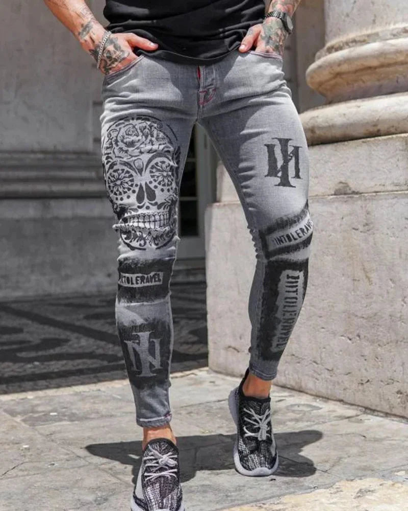 Jeans For Men 2022 Gradient Color Ripped White Dots Jeans Male Motor Biker Skinny Jeans Homme Men's Clothing Zipper Denim Pants