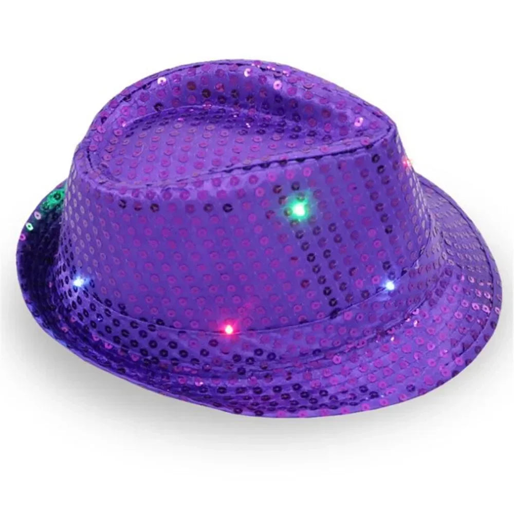Woman Men Kids LED Light Up Sequin Fedora Jazz Hat Cap Gift Necktie Tie Neon Glow Party Bar Birthday Costume  Wedding Festival