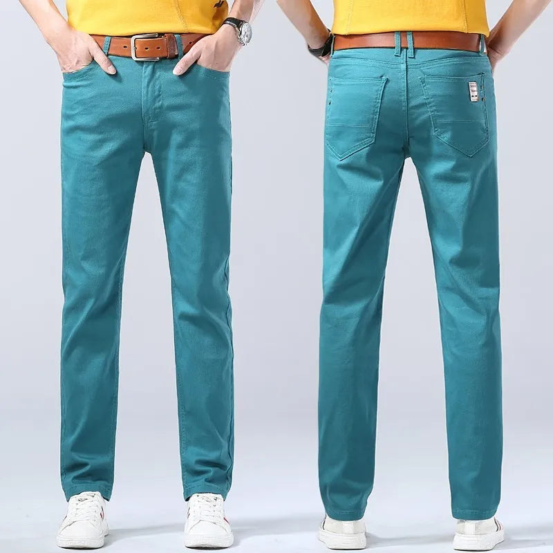 New Men's Denim Jeans Straight Stretch Pants Solid Color Fashion Business Casual Classic High Quality Red Yellow Blue White