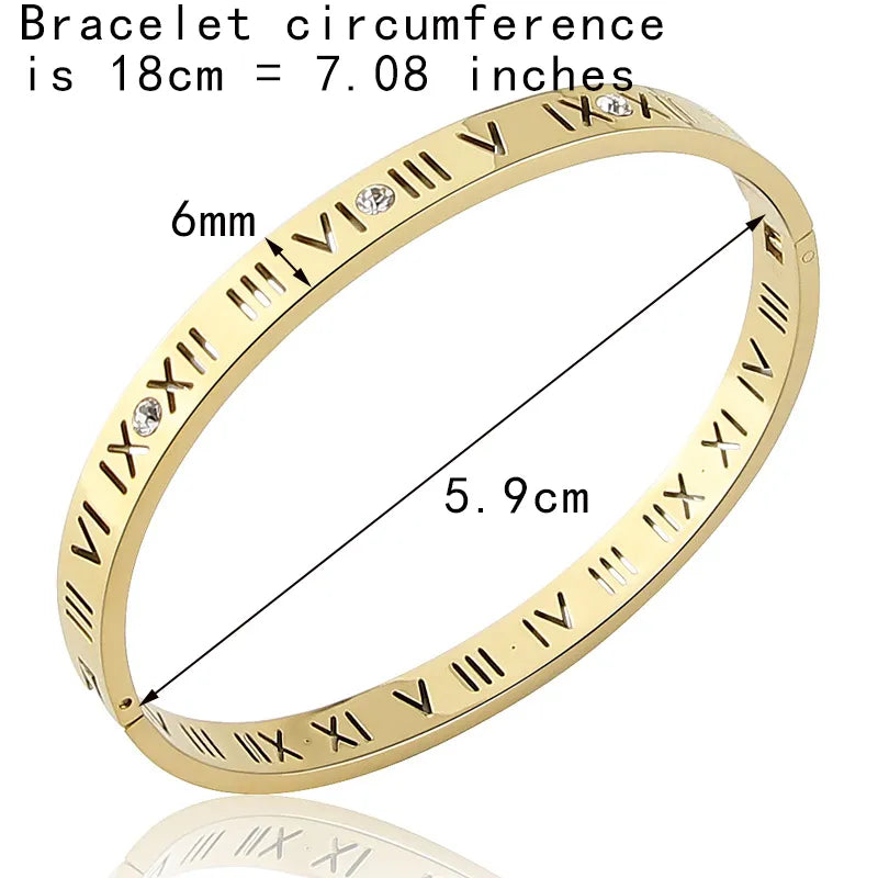 Titanium Steel Bangles Crystal Gold Bangles Roman Numerals Women's Bracelet