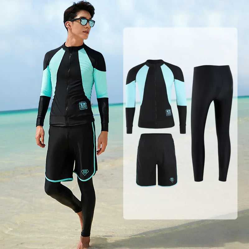 Men Rash Guard Diving Suits  Surfing  Swimwear Long Sleeve Suit Swim Shirt+Trunks+Shorts UV Swimming RashGuard Prevent Jellyfish