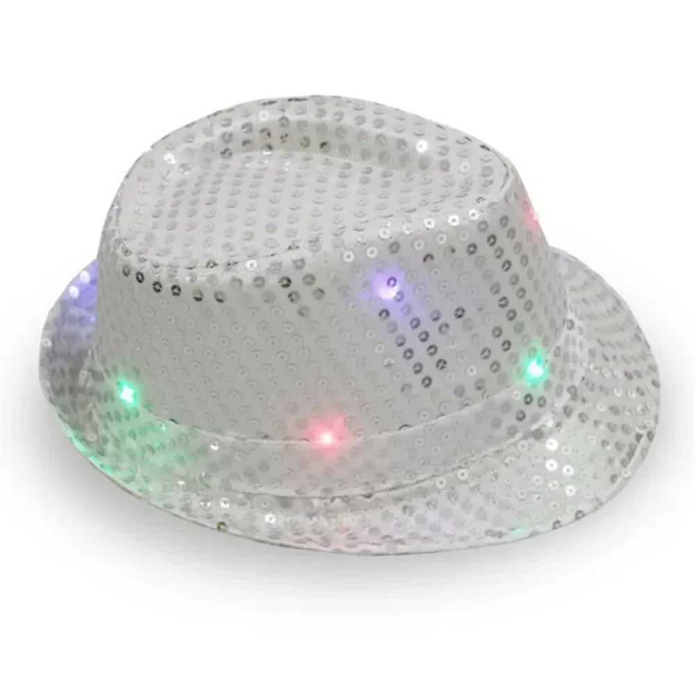Woman Men Kids LED Light Up Sequin Fedora Jazz Hat Cap Gift Necktie Tie Neon Glow Party Bar Birthday Costume  Wedding Festival