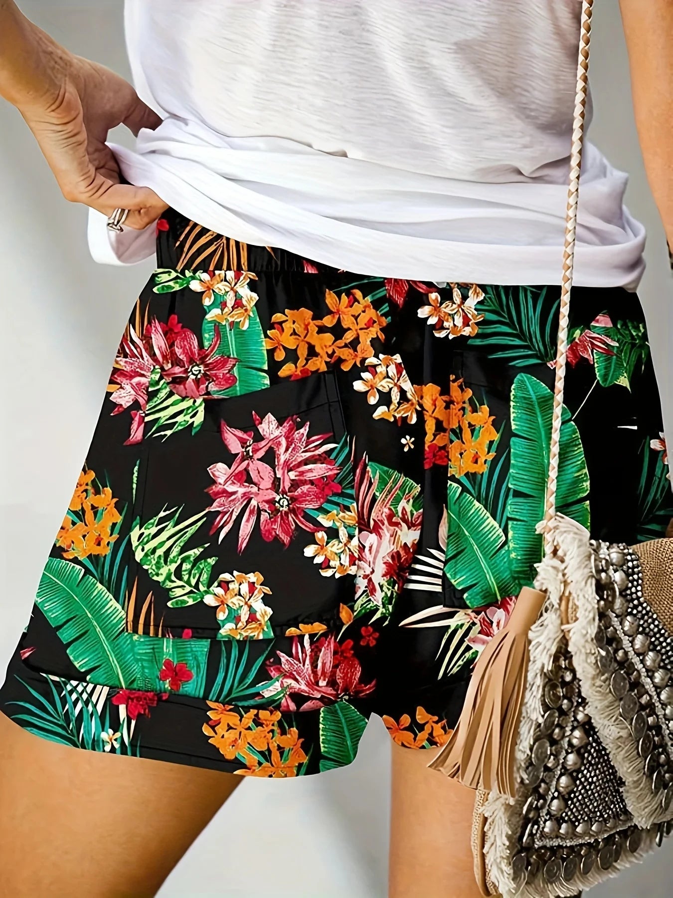 Plus Size High Stretch Loose Straight Leg Printed Women's Shorts   Women’s  Plus  Size Clothing