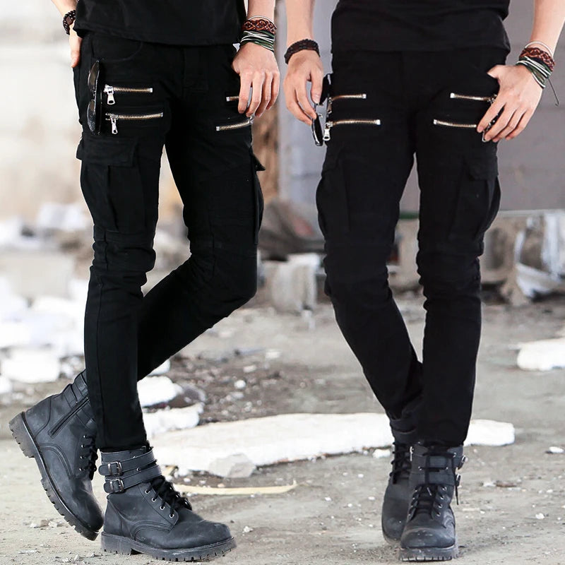 Men's Jeans Green Denim Biker Jeans Skinny New Runway Distressed Slim Elastic Homme Hip Hop Military Motorcycle Cargo Pants