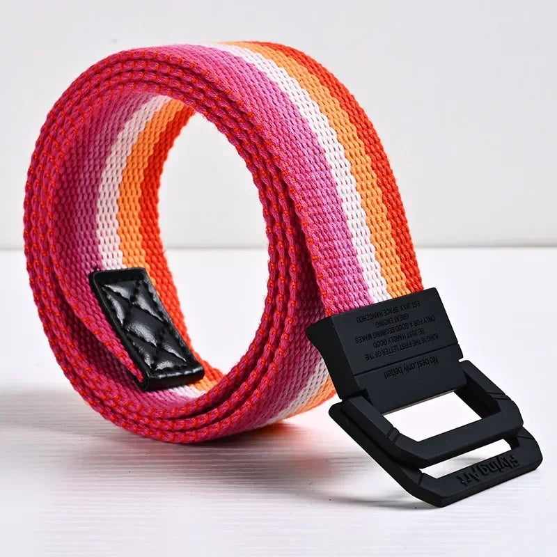 Unisex Canvas Belt Men Stripe Rainbow Metal Double Ring Buckle Jeans  Student - Belt Designer Belt for Women
