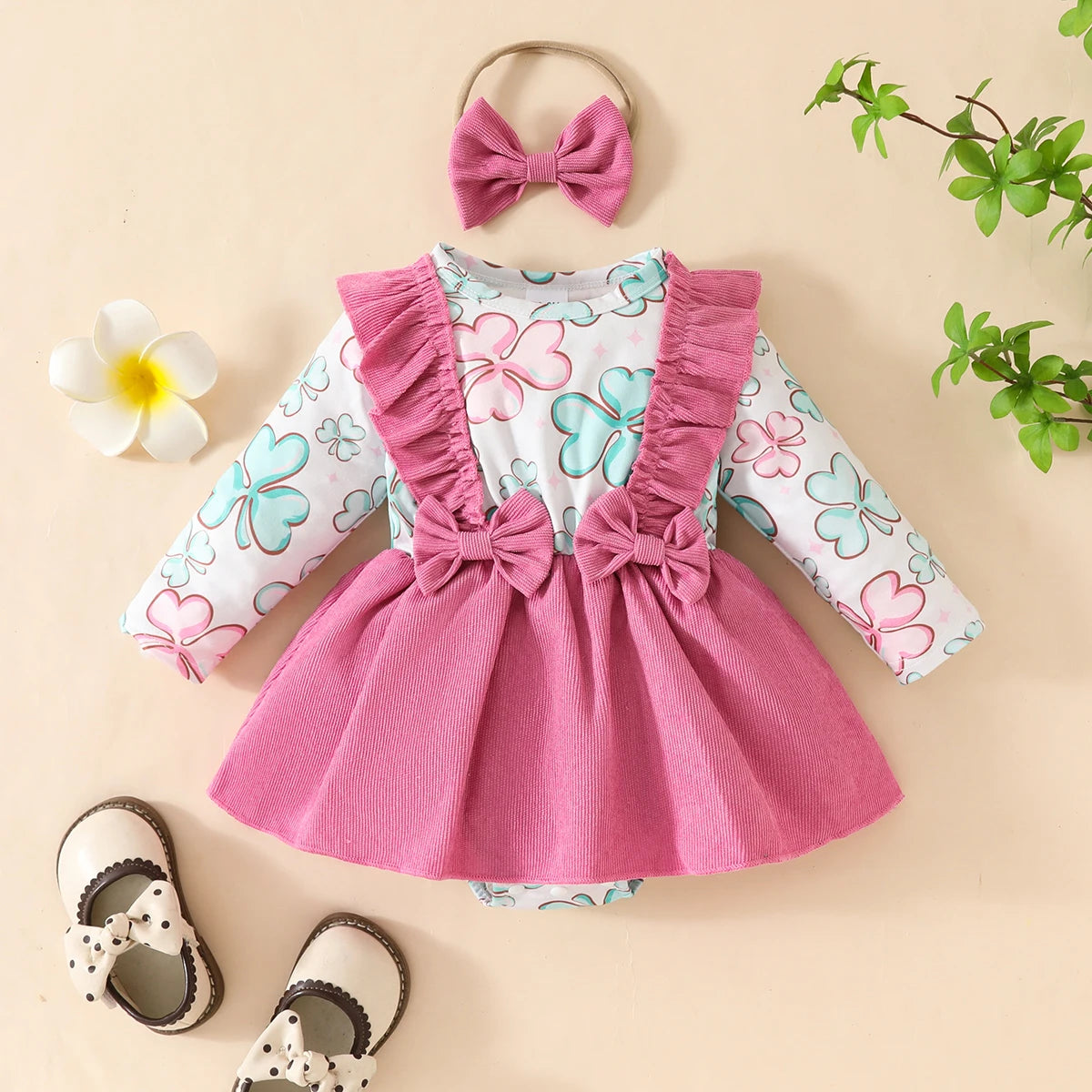 2PCS Infant Girl Dress Set Floral Print Long Sleeves Bodysuit +Headband Spring Baby Dresses for 0-18Months Romper Party Clothing
