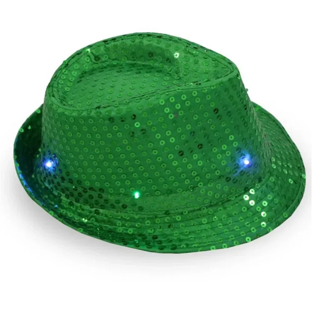 Woman Men Kids LED Light Up Sequin Fedora Jazz Hat Cap Gift Necktie Tie Neon Glow Party Bar Birthday Costume  Wedding Festival