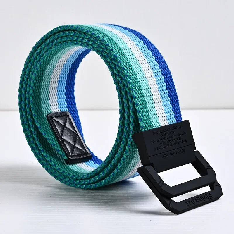 Unisex Canvas Women Rainbow Stripe Belt  Metal Double Ring Buckle Jeans  Student - Designer Belt for Men