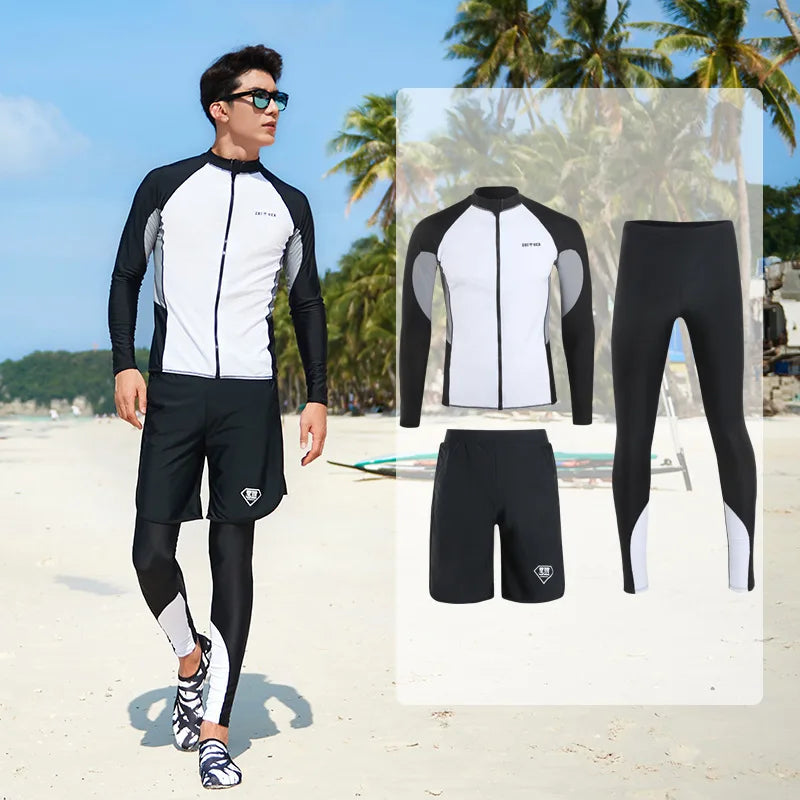 Men Rash Guard Diving Suits  Surfing  Swimwear Long Sleeve Suit Swim Shirt+Trunks+Shorts UV Swimming RashGuard Prevent Jellyfish