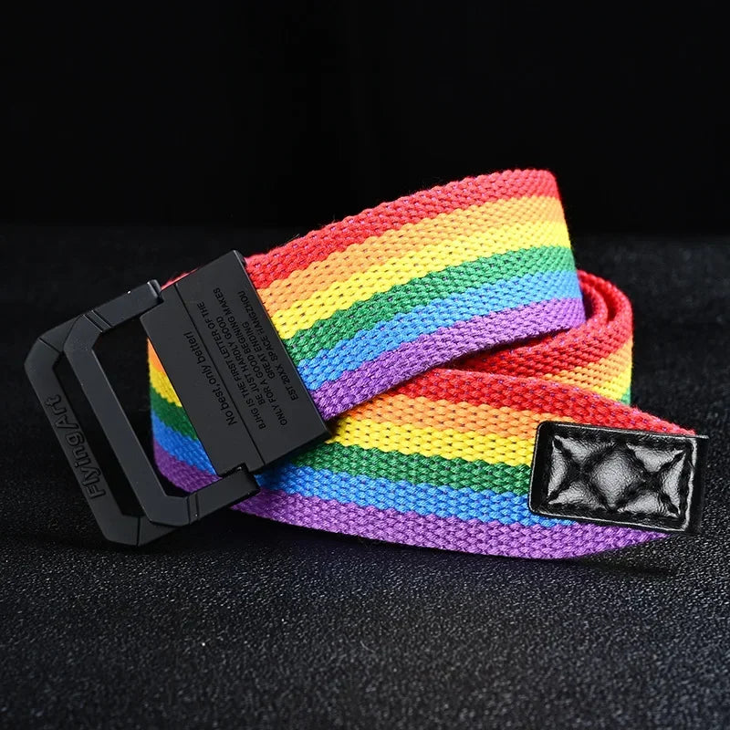 Unisex Canvas Women Rainbow Stripe Belt  Metal Double Ring Buckle Jeans  Student - Designer Belt for Men